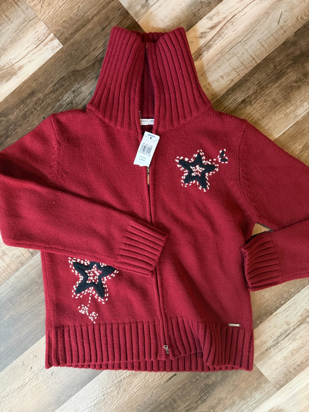 Vintage Red Zip Cardigan with Star Appliquรฉs, made in Hong Kong,